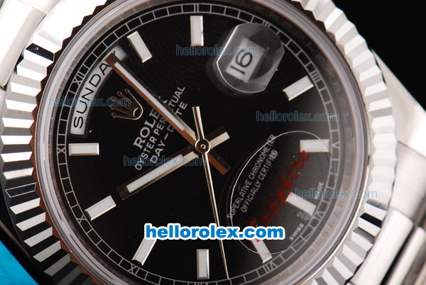 Rolex Day Date II Oyster Perpetual Automatic Movement Silver Case with Black Dial and White Stick Markers - Click Image to Close